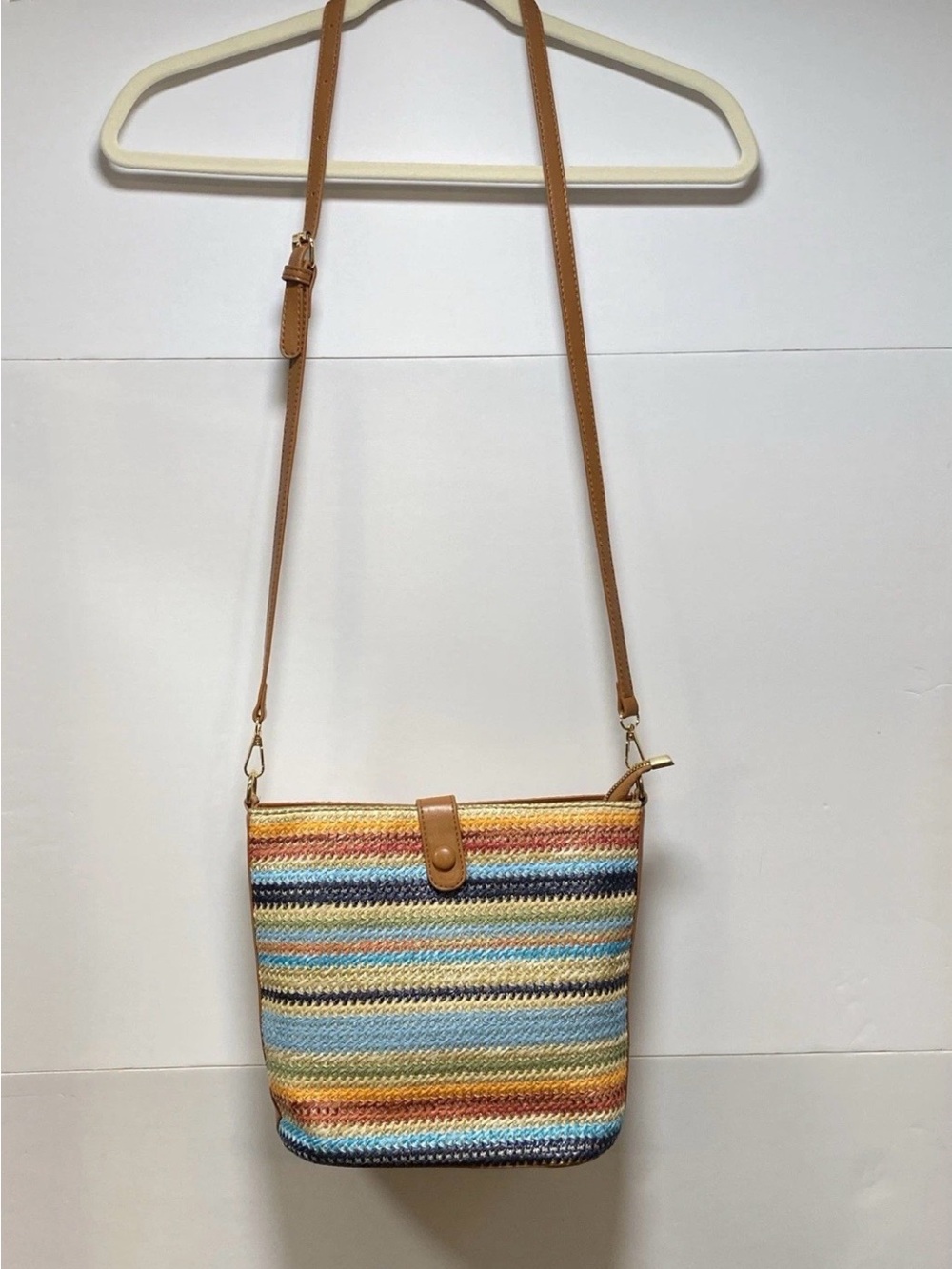 Multicolor Straw Purse, Long Strap, Faux Gold Accents, Perfect For WK Shopping
